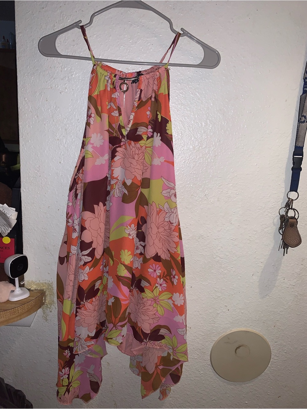Unique Spectrum Pink Floral Halter-Style Blouse with Orange & Green Accents